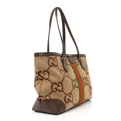 Gucci Monogram Jumbo GG Textured Dollar Calfskin Web Medium Ophidia Shopping Tote Camel Ebony 3 of 15