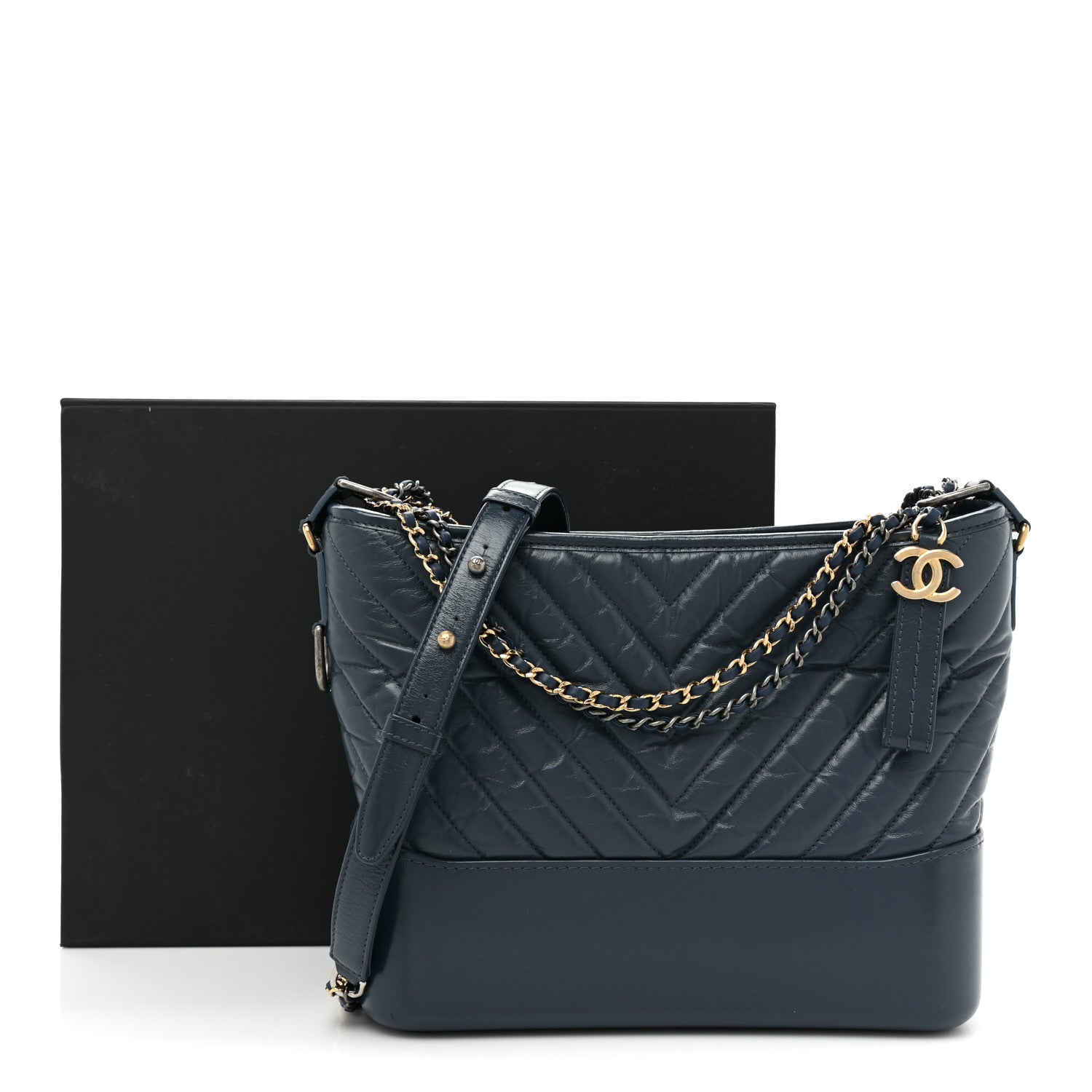 Chanel Aged Calfskin Chevron Quilted Medium Gabrielle Hobo Navy 17 of 17