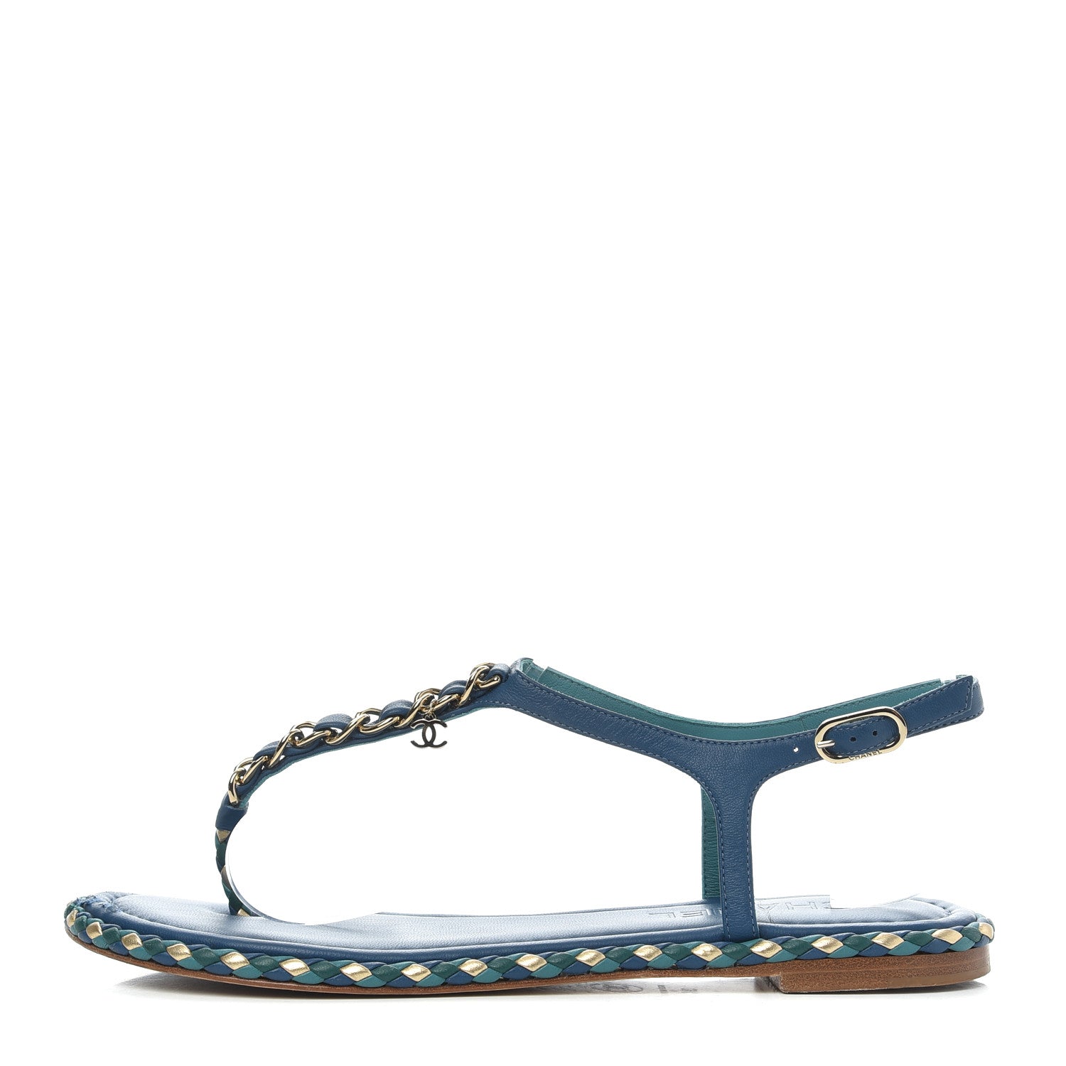 Chanel Lambskin Braided CC Logo Thong Sandals 39 Blue Gold 1 of 16