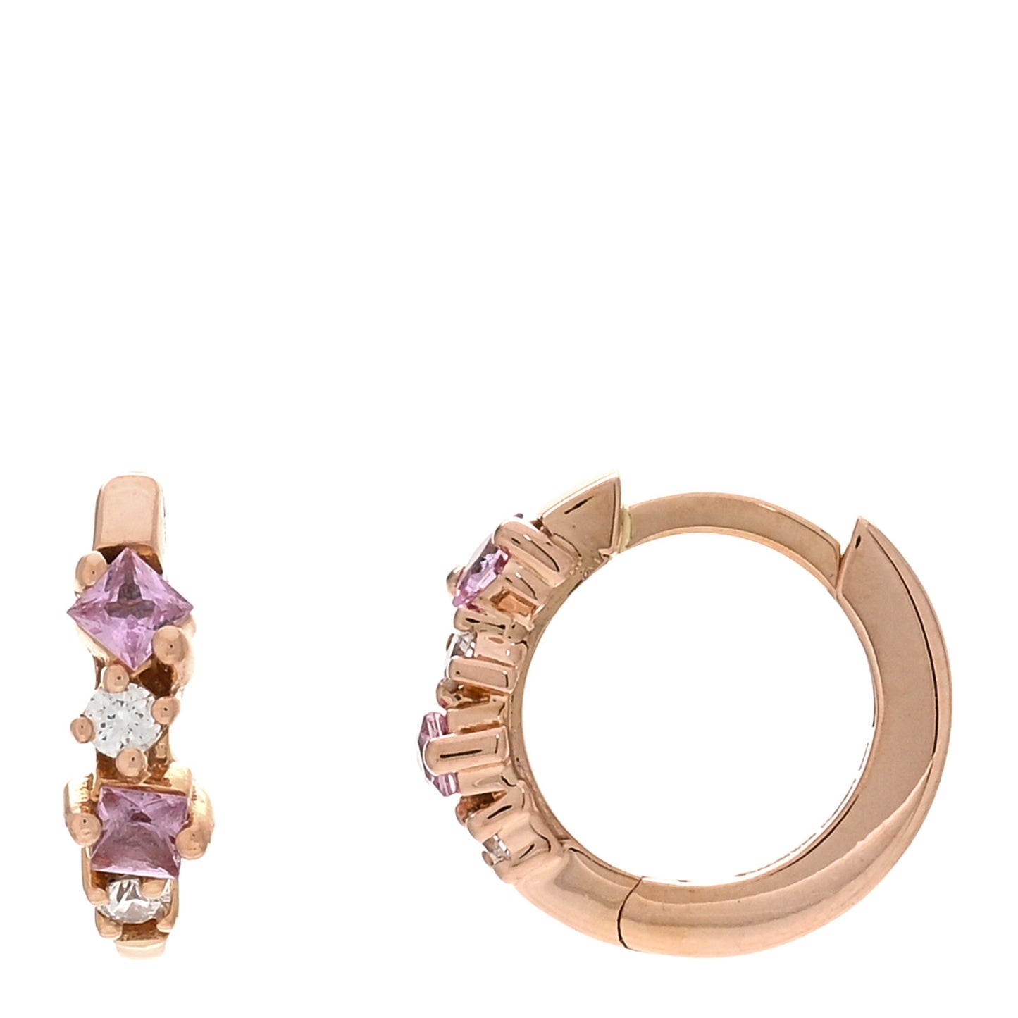 18K Rose Gold Diamond Pink Sapphire Princess Mix Huggie Earrings