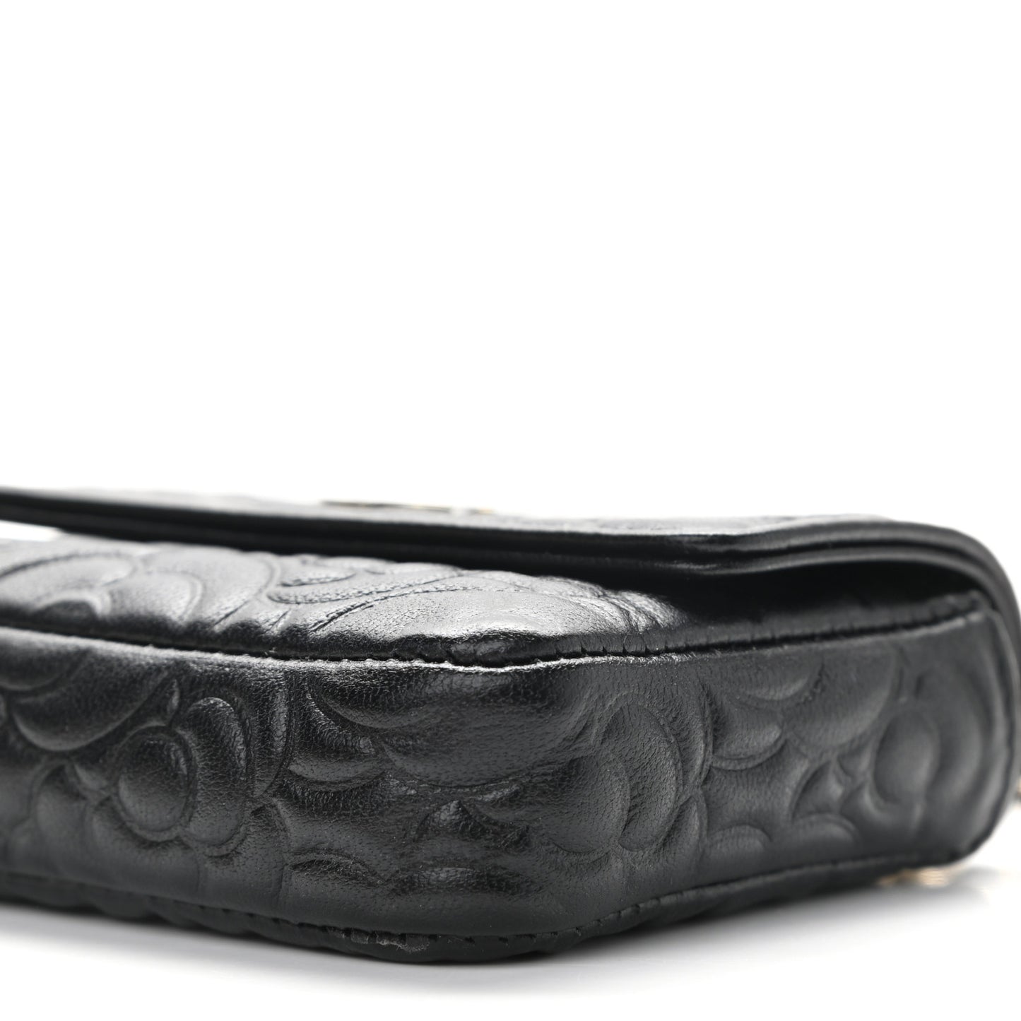 Lambskin Camellia Embossed Chain Belt Bag Black