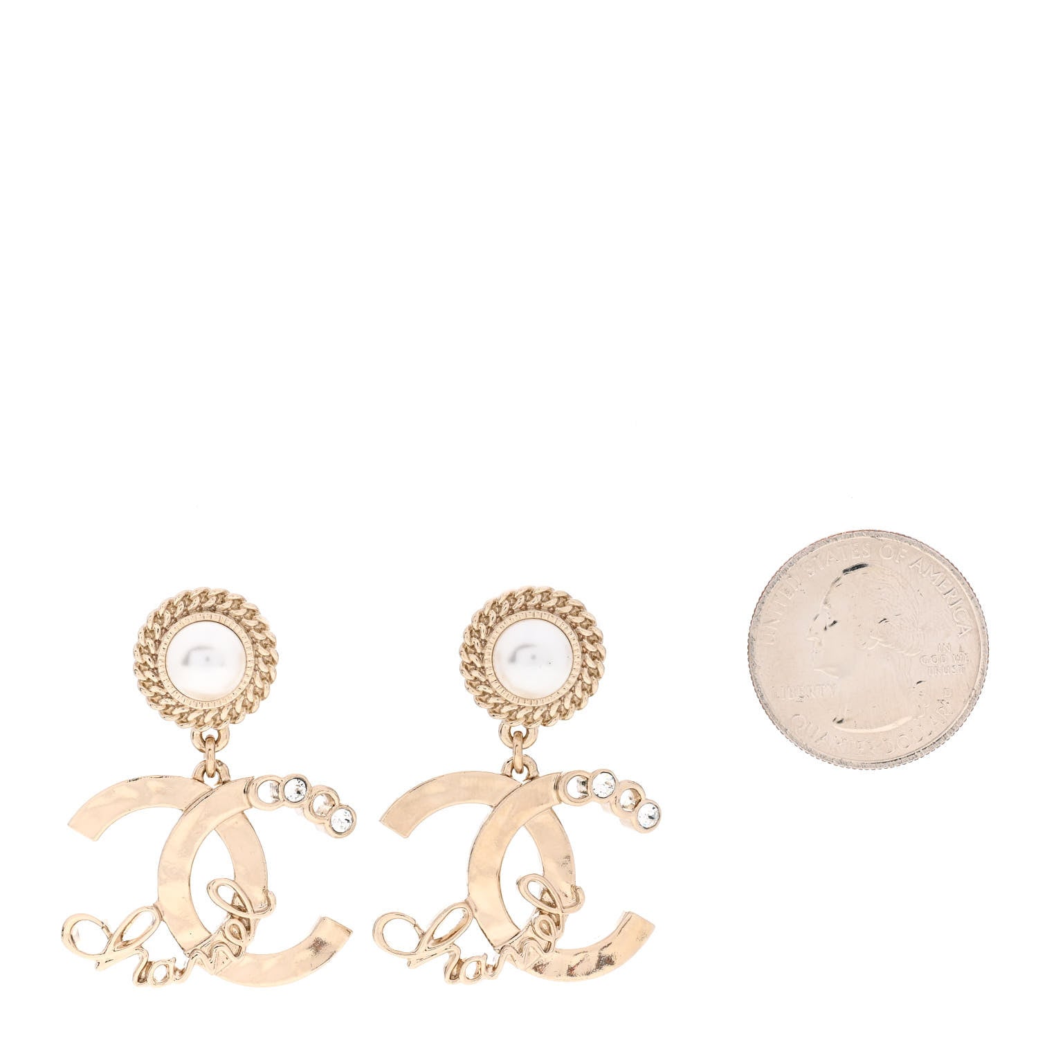 Chanel Metal Pearl Crystal Coco Script CC Drop Earrings Gold 2 of 4