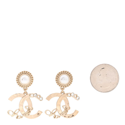 Chanel Metal Pearl Crystal Coco Script CC Drop Earrings Gold 2 of 4