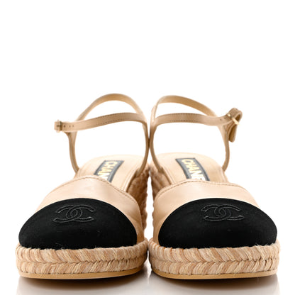 Chanel Lambskin Grosgrain CC Espadrilles Wedges 40 Beige Black 2 of 9