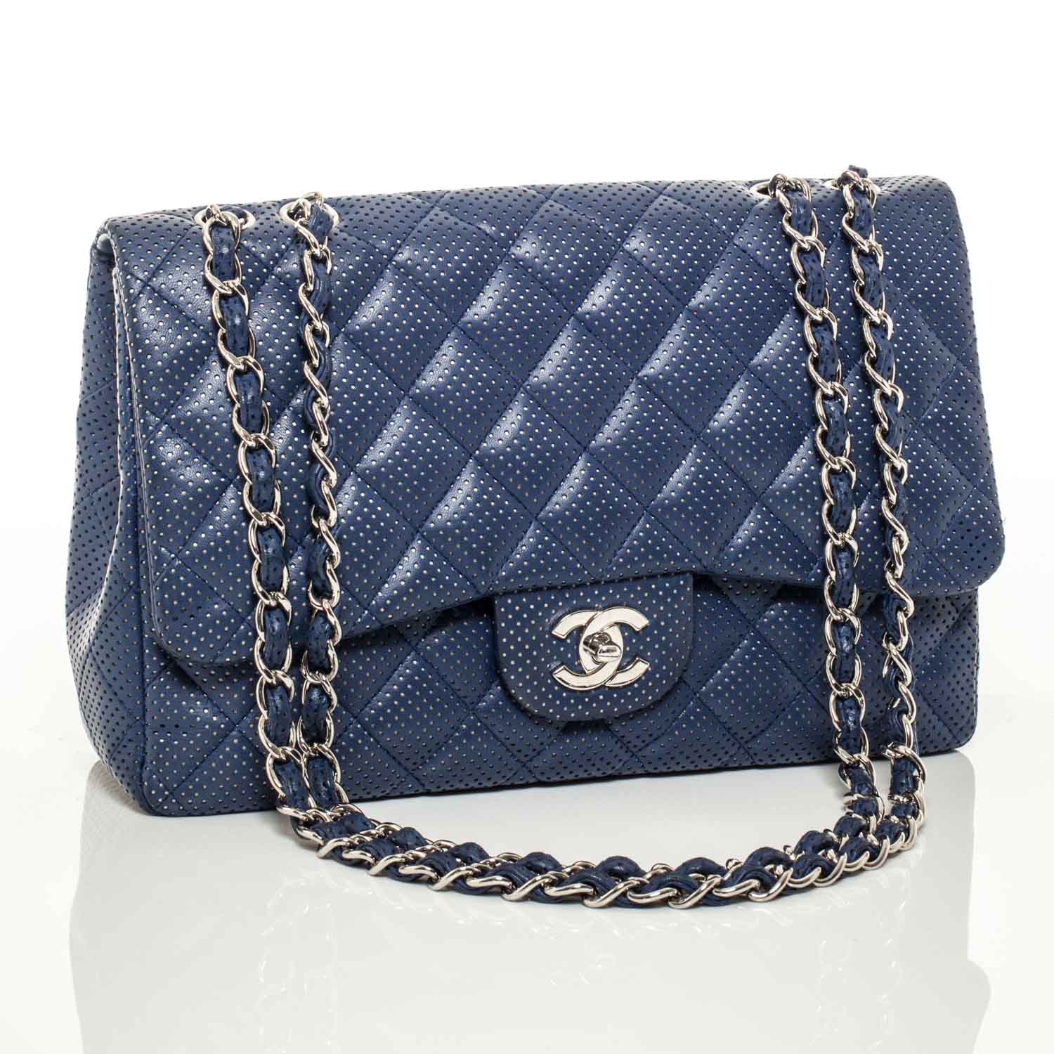 Chanel Calfskin Perforated Jumbo Flap Blue 1 of 9
