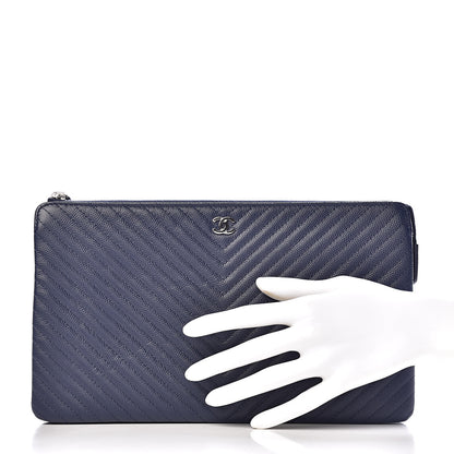 Chanel Caviar Chevron Quilted Large Zipped Clutch Navy 2 of 9