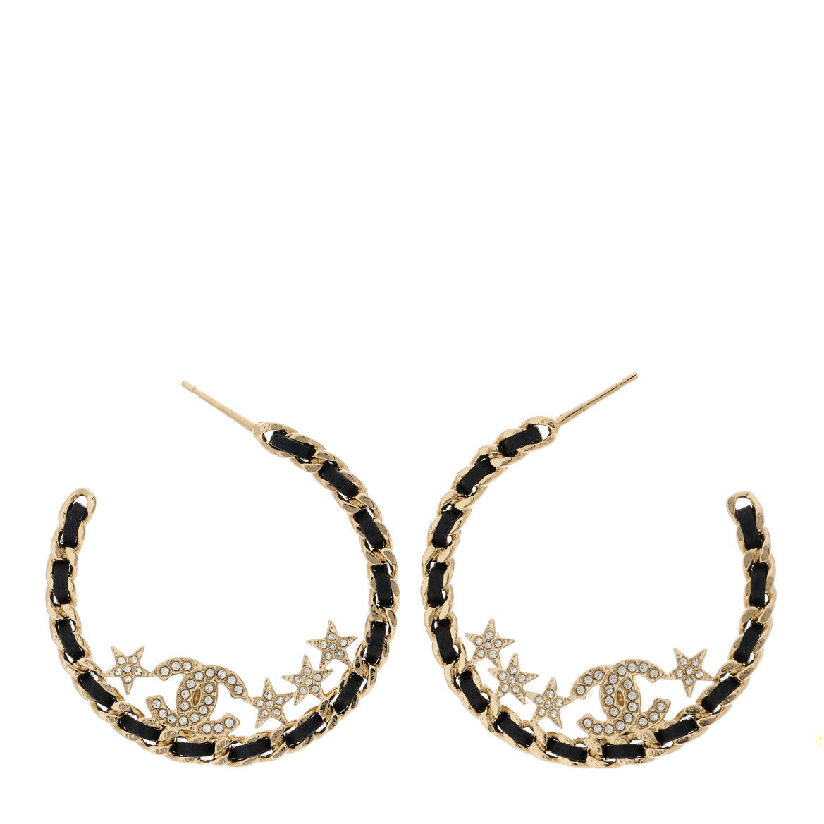 Chanel Lambskin Chain Crystal CC Star Chain Hoop Earrings Gold Black 1 of 5