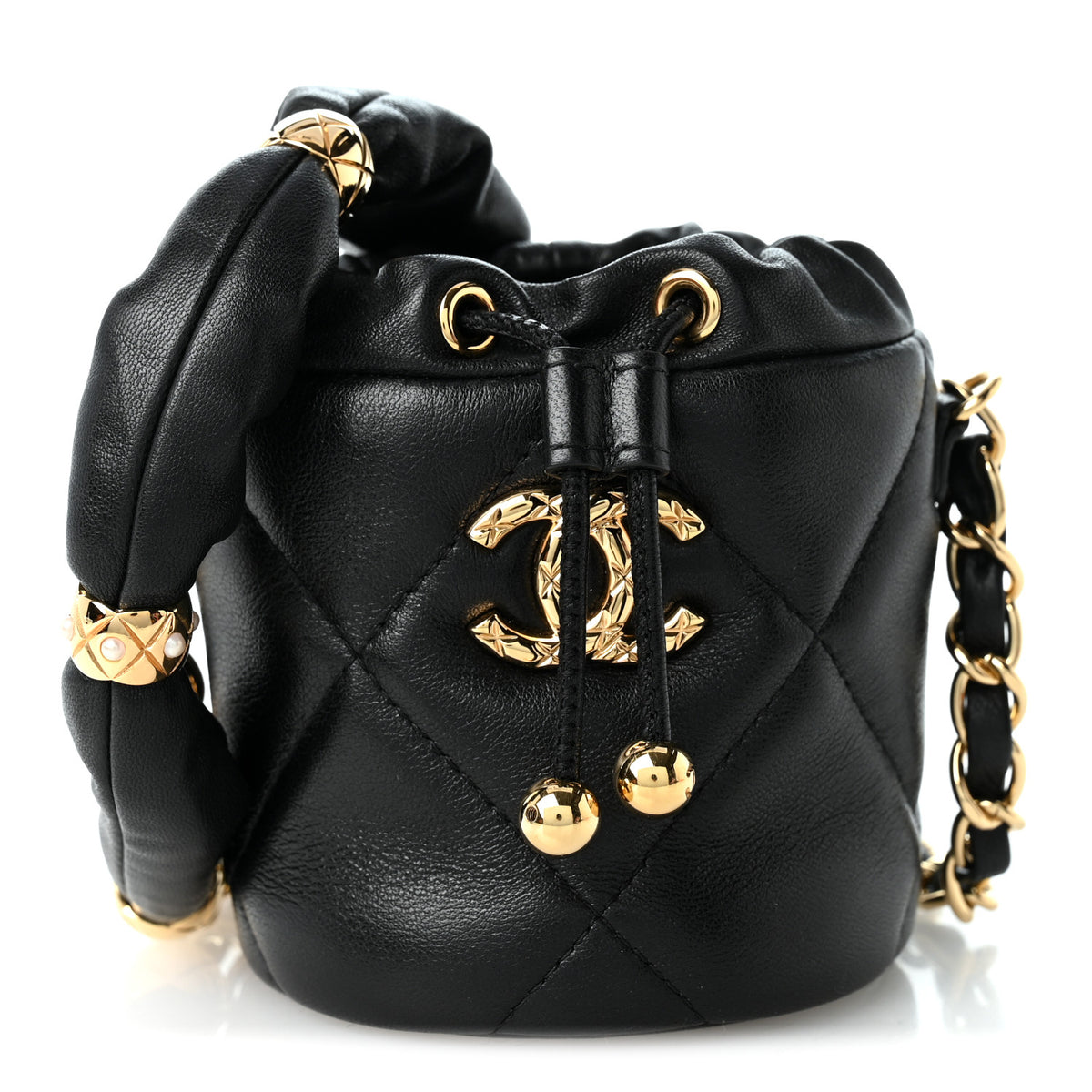 Calfskin Quilted Mini Drawstring Bucket Bag Black