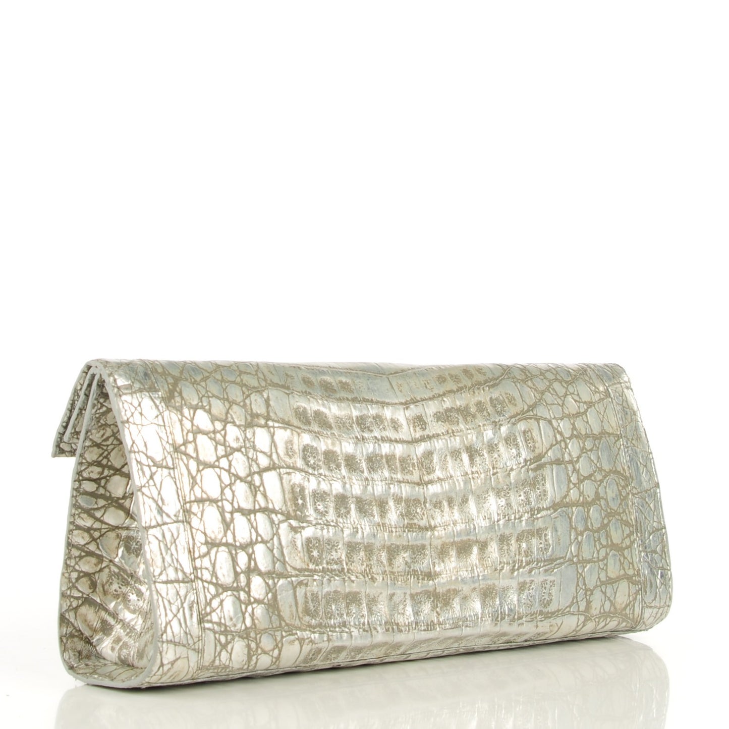 Metallic Crocodile Foldover Clutch Silver