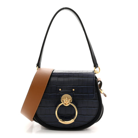 Calfskin Crocodile Embossed Small Tess Bag Full Blue