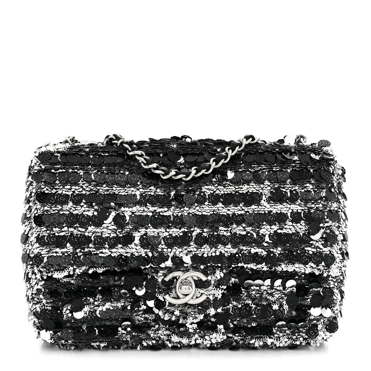 Sequin Camellia Small Single Flap Silver Black