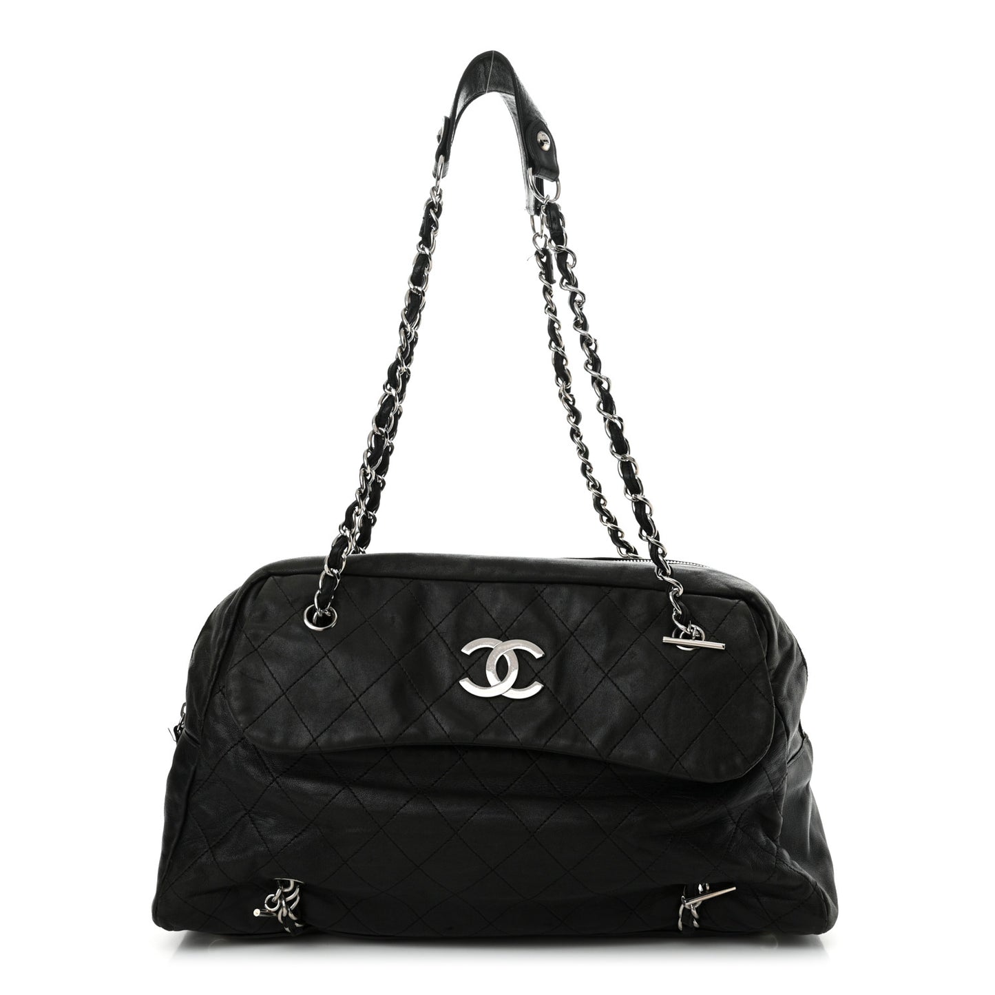 Lambskin Quilted Large Chain Around Tote Black