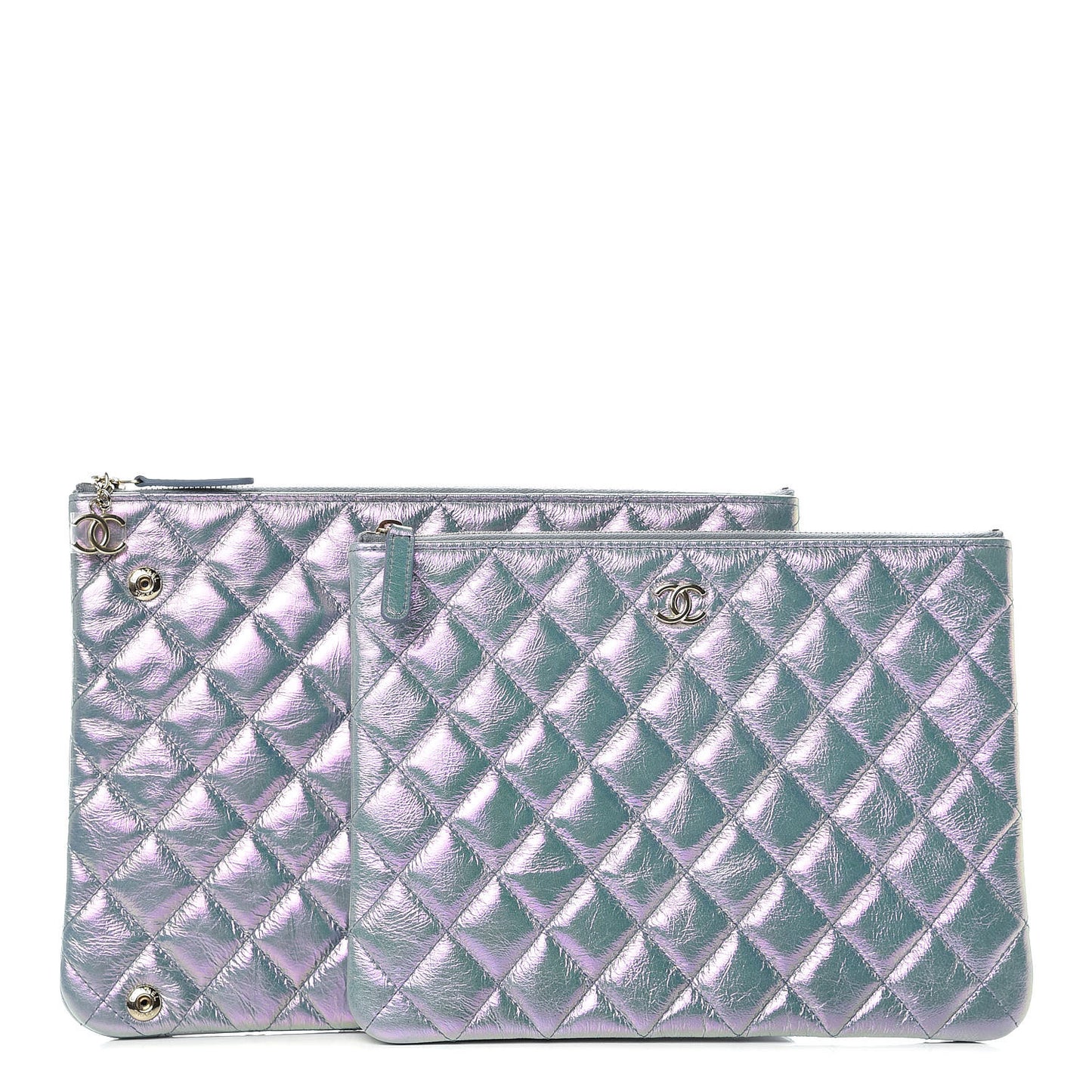 Iridescent Crumpled Lambskin Double Cosmetic Case Light Blue
