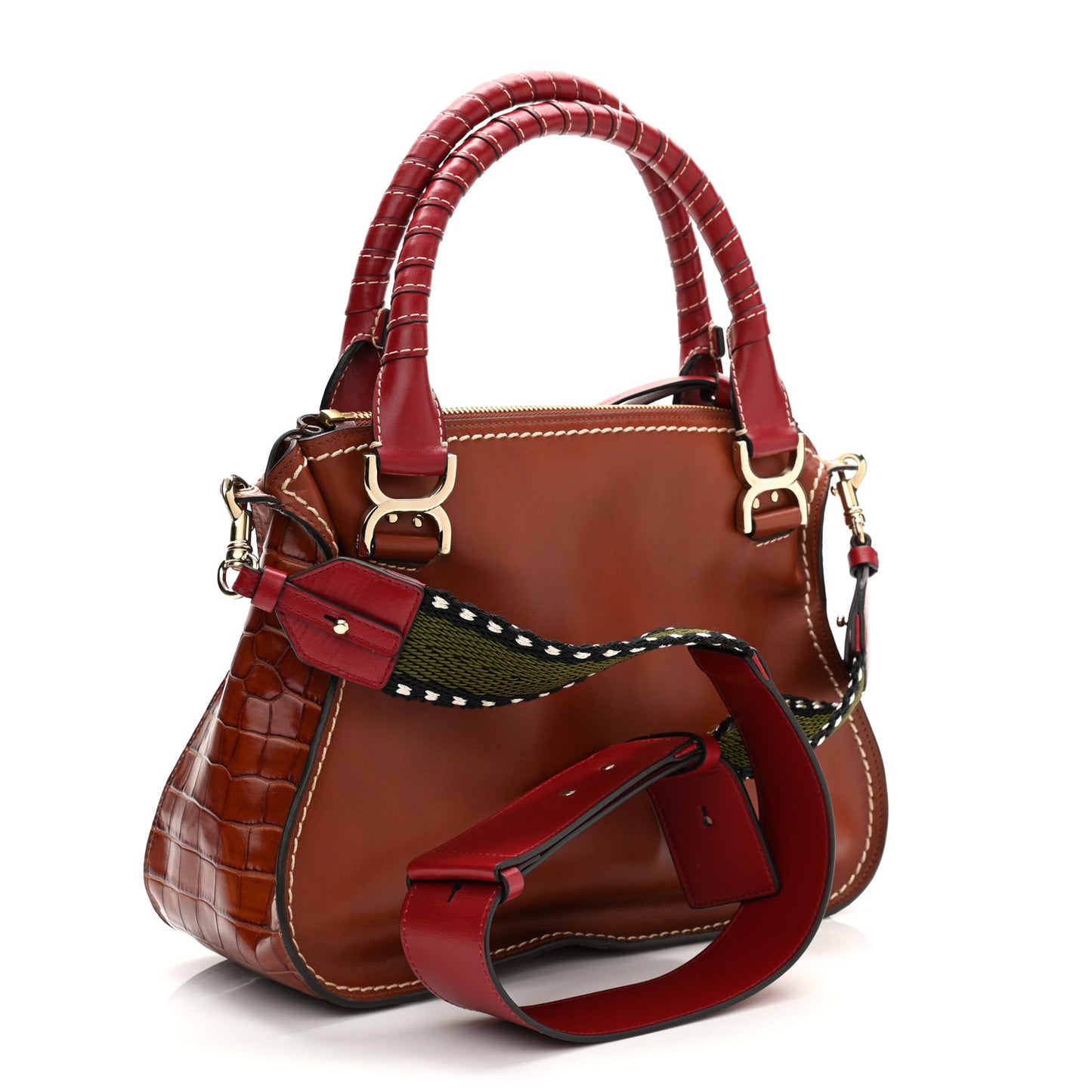 Calfskin Crocodile Embossed Medium Marcie Satchel Sepia