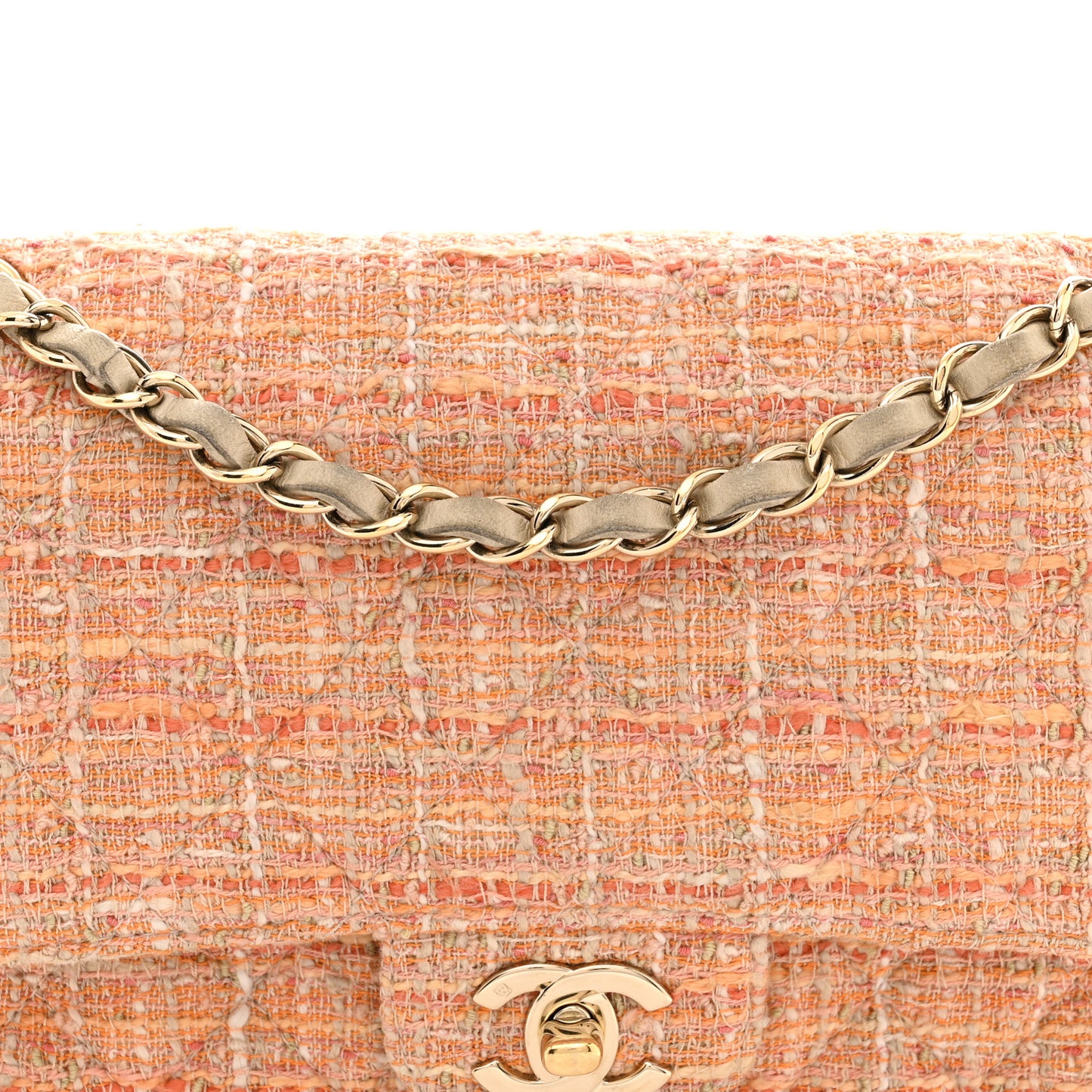 Tweed Quilted Medium Double Flap Orange Beige Multicolor