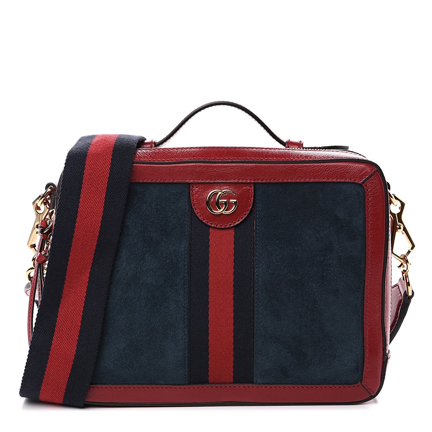 Gucci Suede Calfskin Web Small Ophidia Top Handle Shoulder Bag New Blue Romantic Cherry 1 of 11