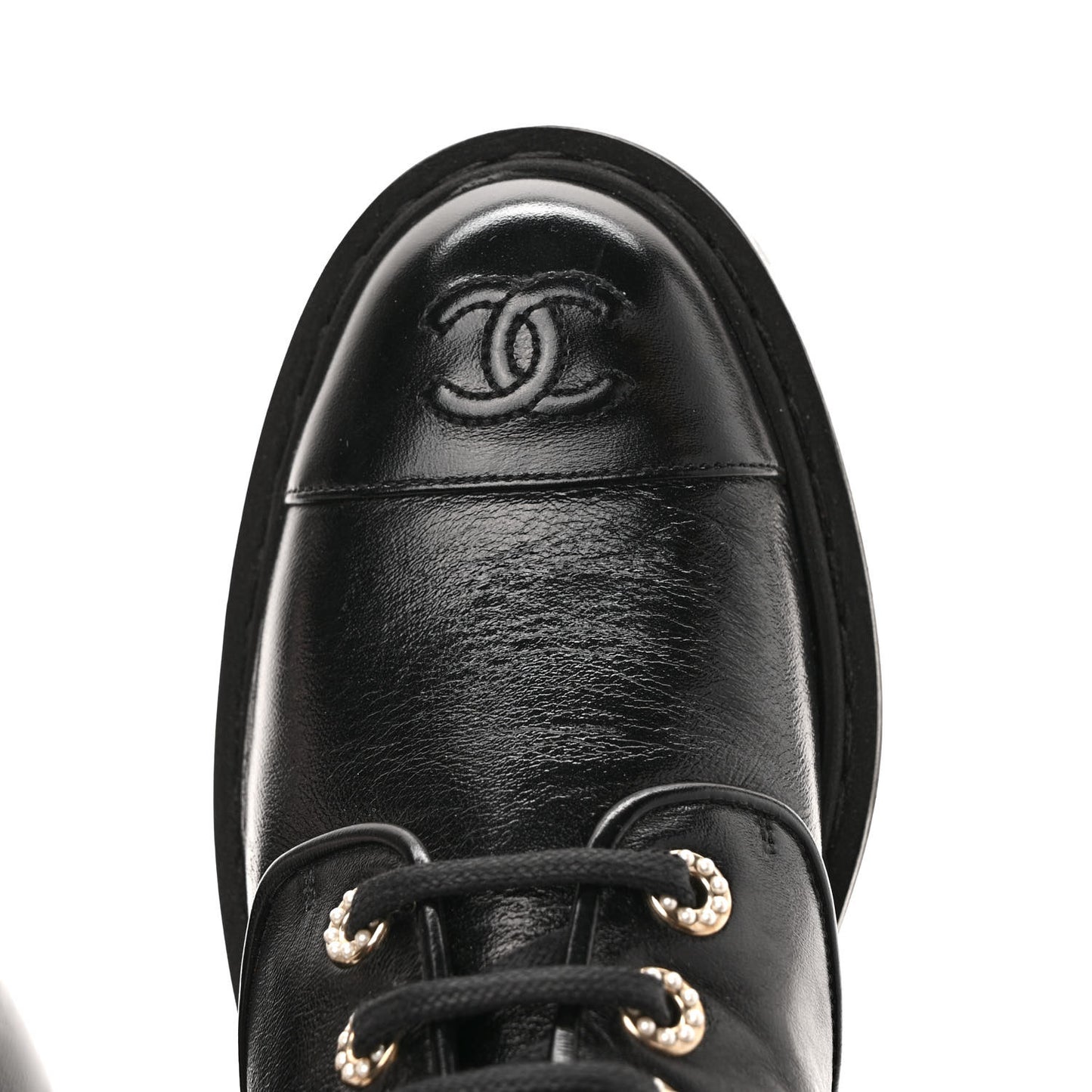 Shiny Calfskin Pearl Lace Up Combat Short Boots 37.5 Black