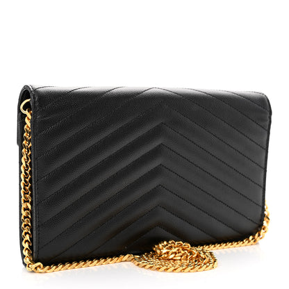 Saint Laurent Grain De Poudre Matelasse Chevron Monogram Chain Wallet Black 3 of 10