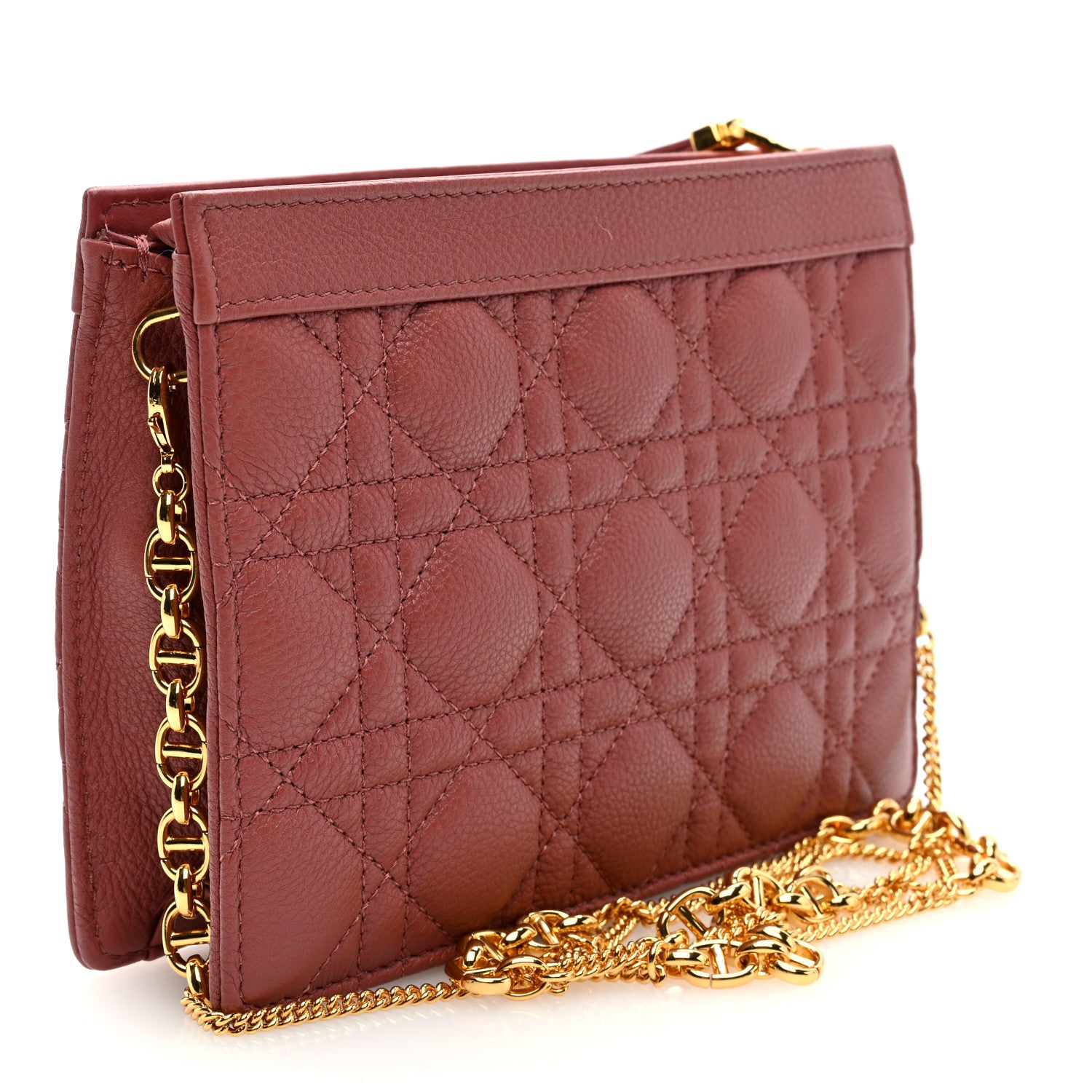Christian Dior Calfskin Cannage Caro Zipped Pouch With Chain Pink Peony 3 of 9