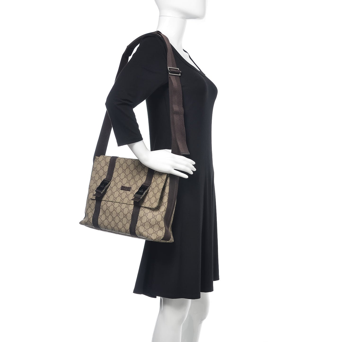 GG Plus Monogram Large Double Buckle Flap Messenger Bag Beige Dark Brown