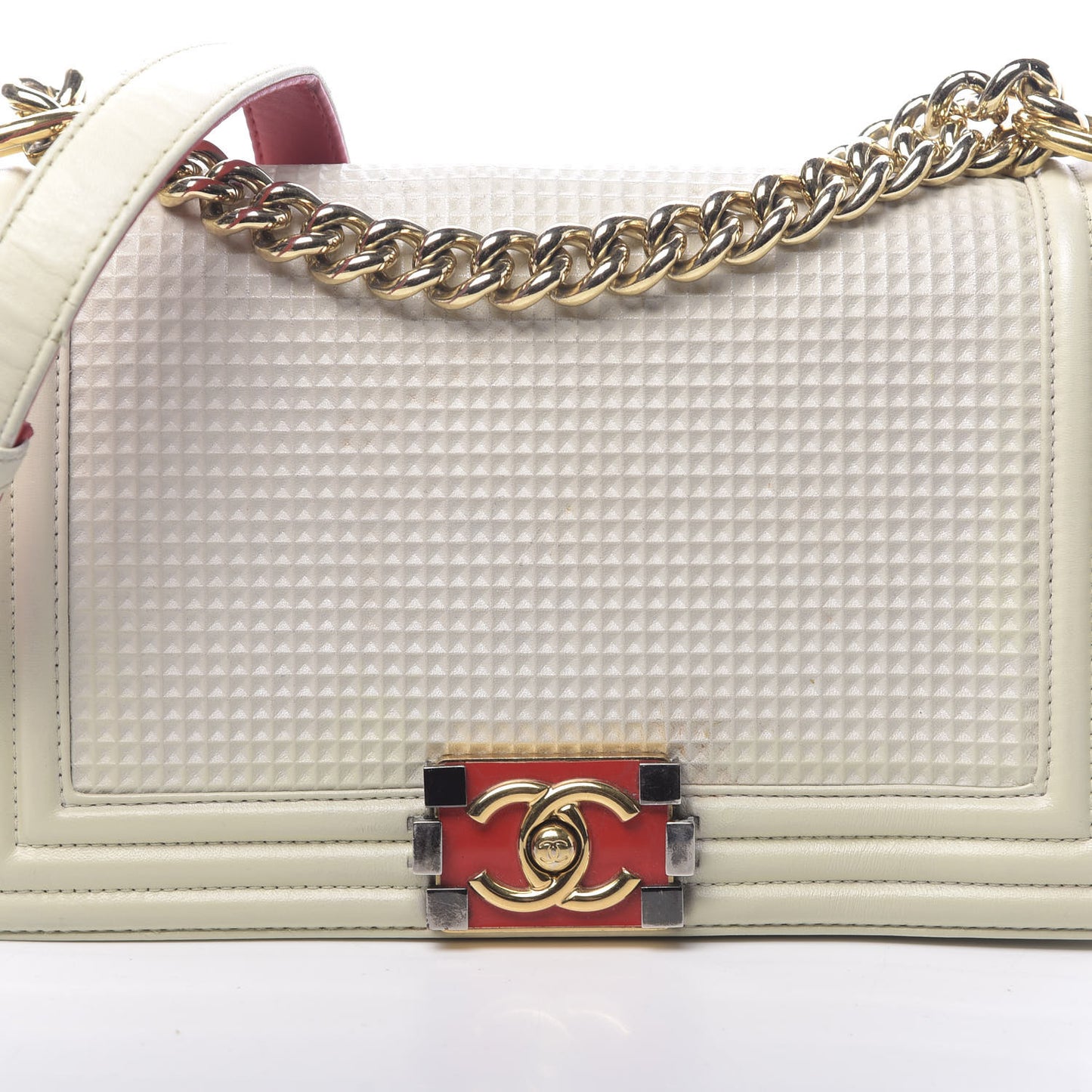 Lambskin Embossed Medium Boy Cube Flap White Red