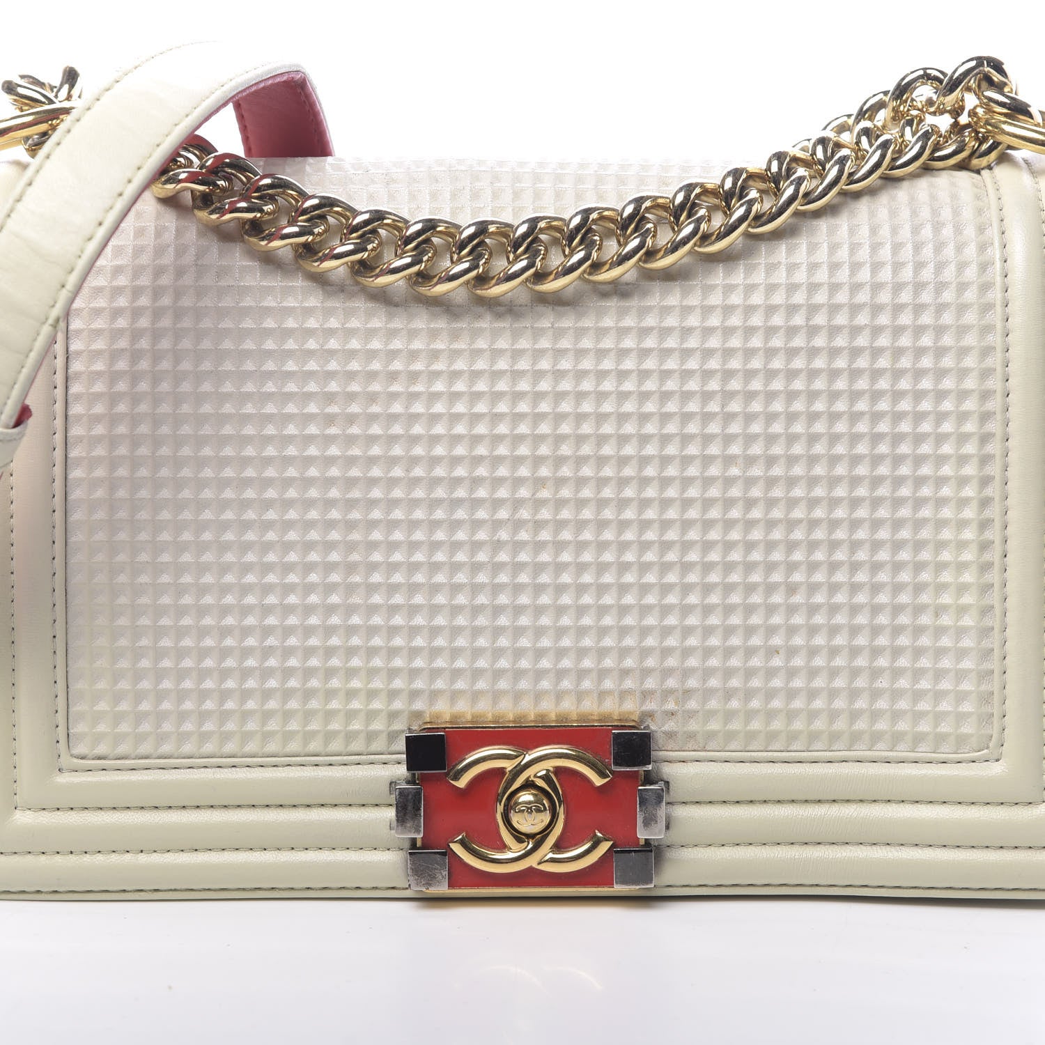 Chanel Lambskin Embossed Medium Boy Cube Flap White Red 11 of 11