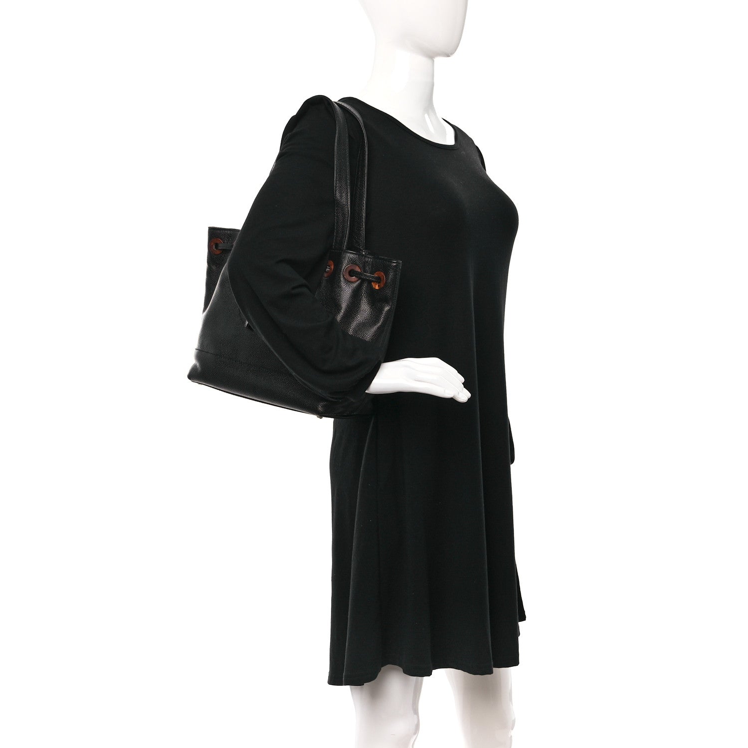 Chanel Caviar Wood CC Drawstring Bucket Bag Black 2 of 9