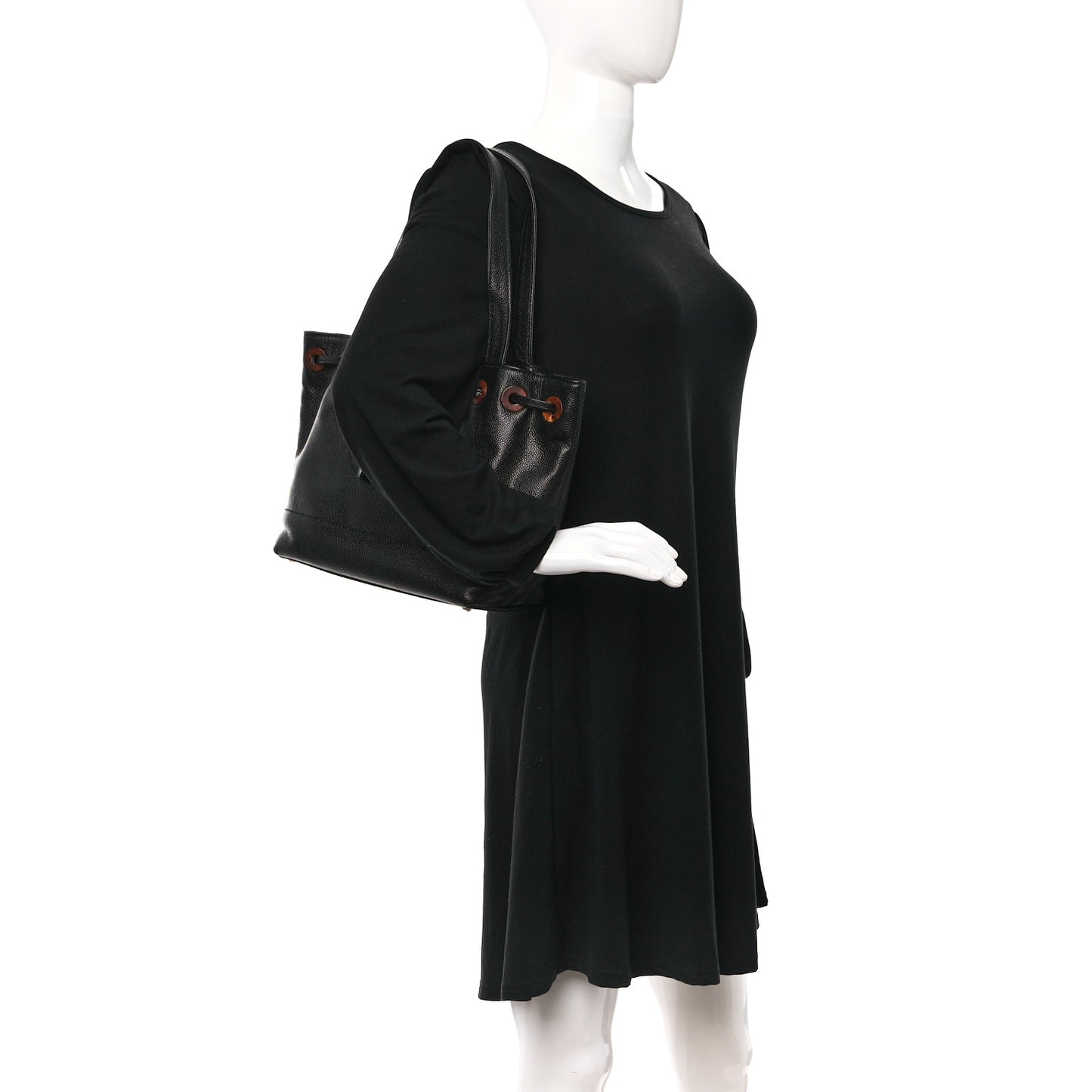 Caviar Wood CC Drawstring Bucket Bag Black