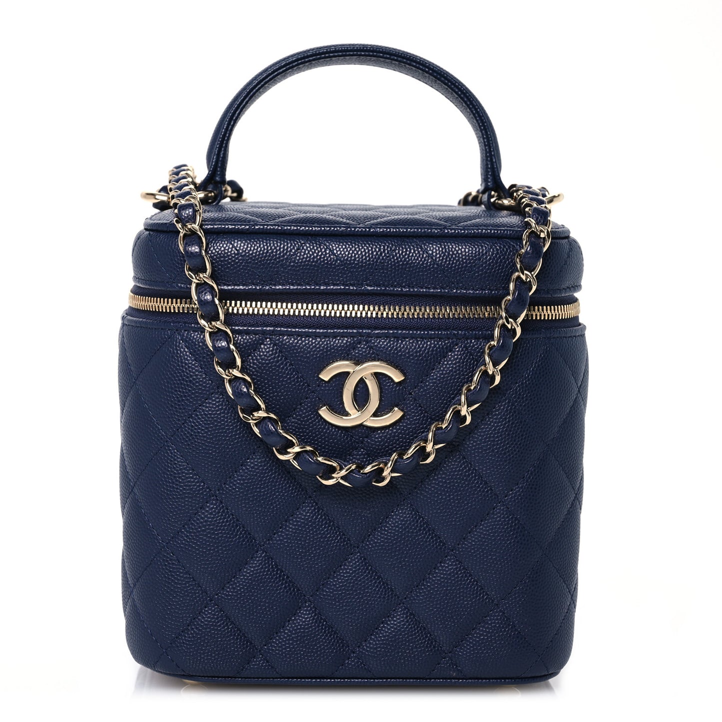 Caviar Quilted Small Top Handle Vanity Case With Chain Navy Blue