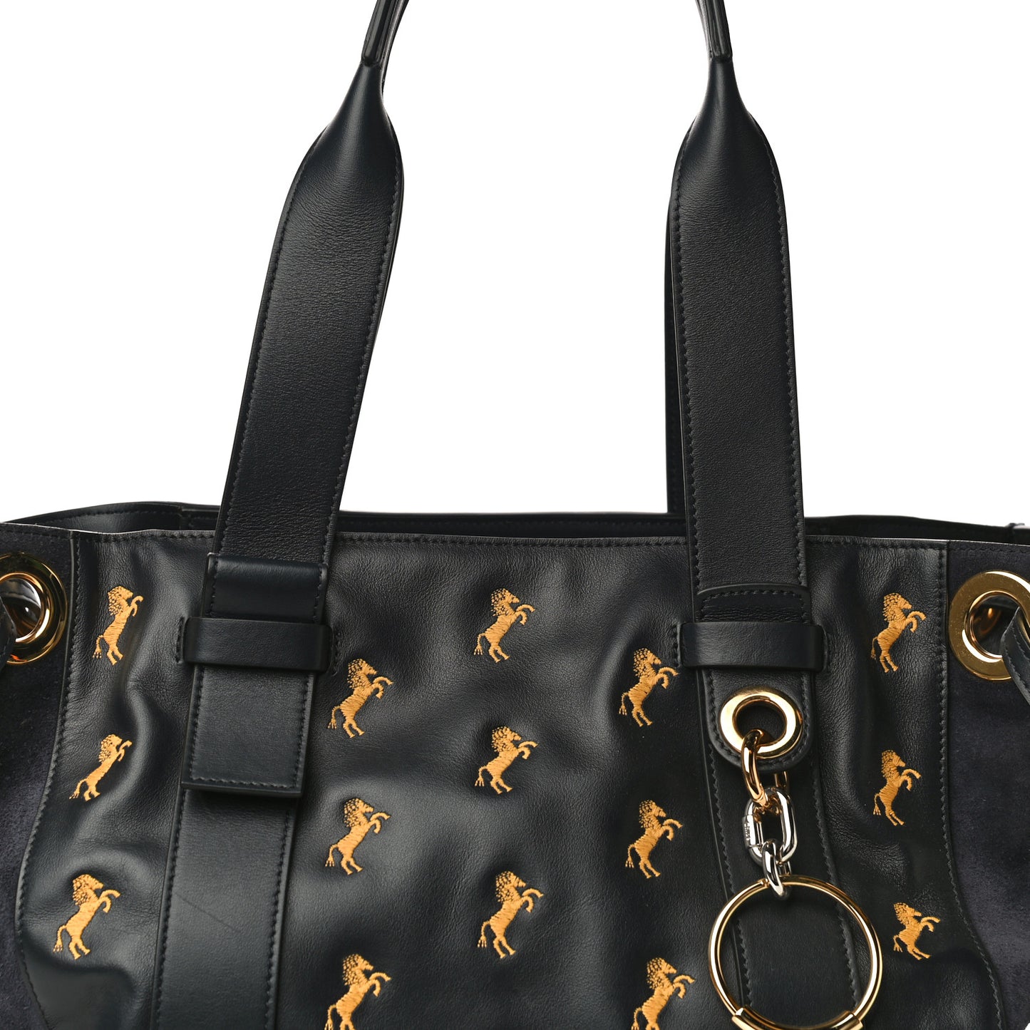 Smooth Calfskin Little Horses Embroidered Tao Zipped Tote Full Blue