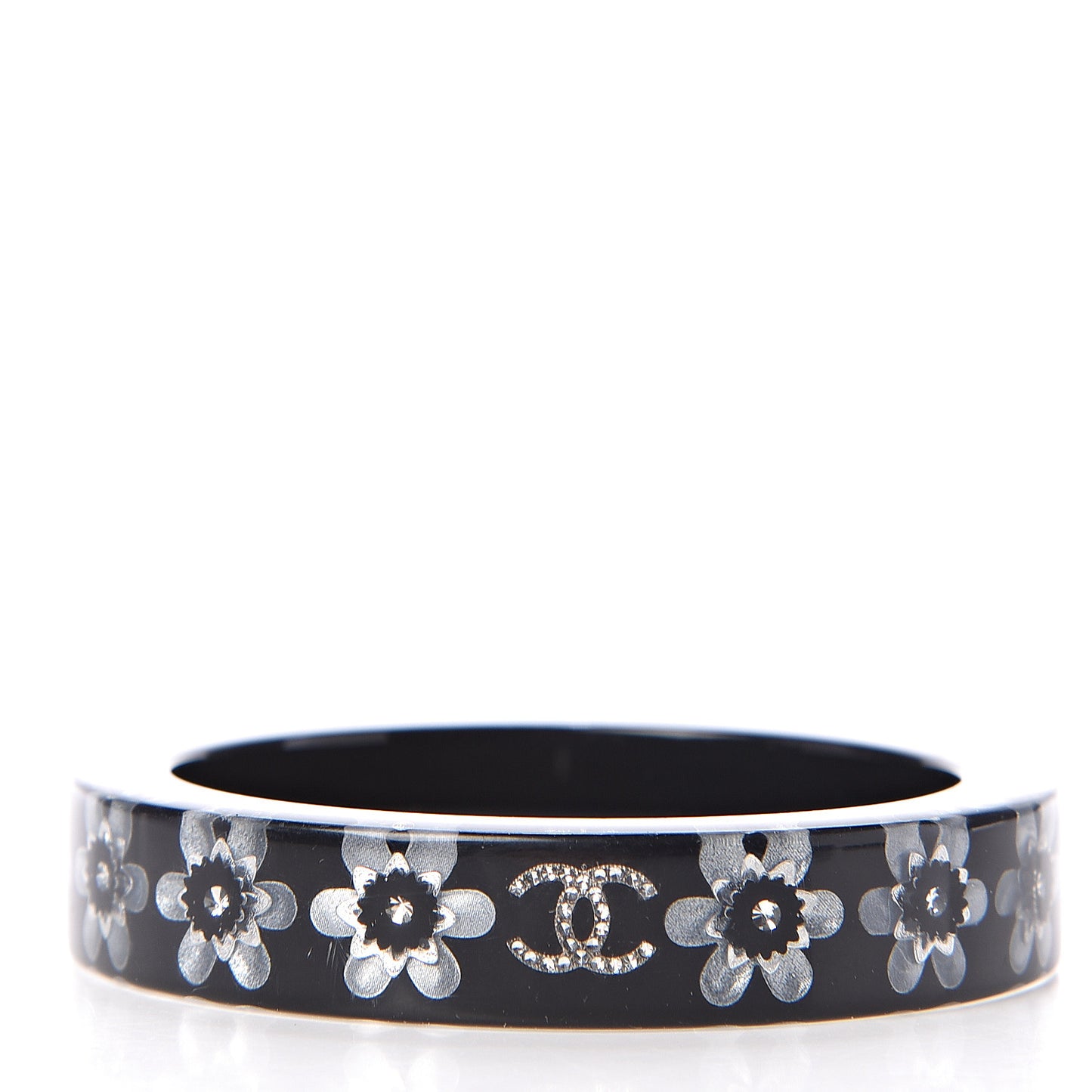 Resin Crystal CC Floral Bangle Bracelet Black