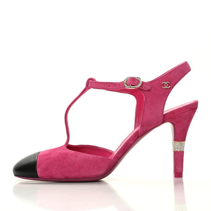 Chanel Suede Lambskin Cap Toe Crystal Slingback Pumps 37 Fuchsia Black 1 of 9