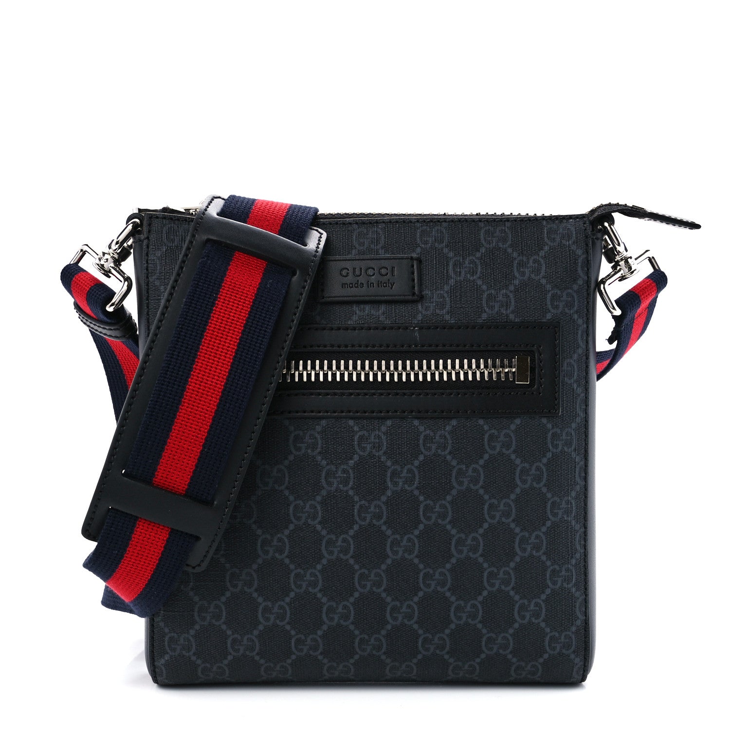 Gucci GG Supreme Monogram Web Small Flat Messenger Bag Black Grey 1 of 13