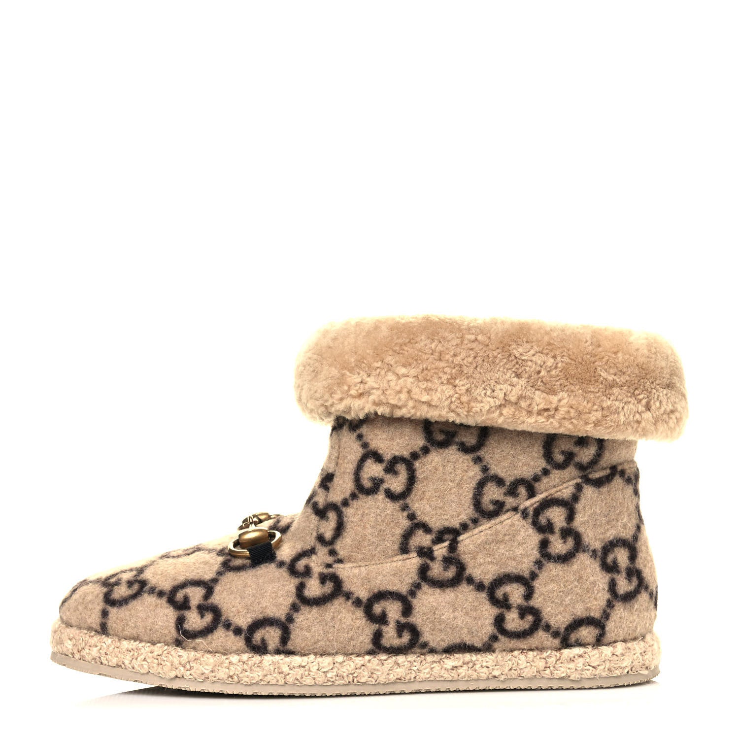 Gucci Covered Wool GG Monogram Womens Fria Horsebit Ankle Boots 37.5 Beige Ebony Butterscotch 1 of 8