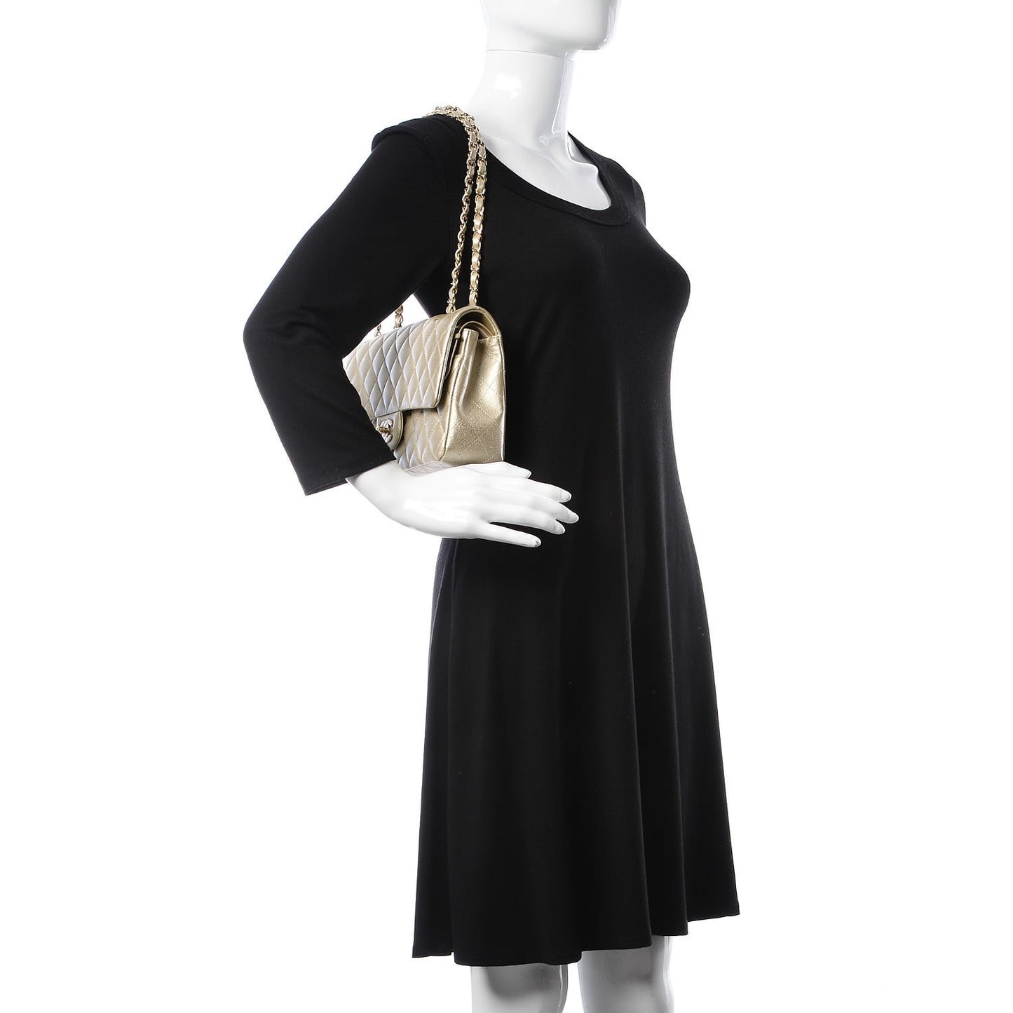 Metallic Caviar Quilted Medium Double Flap Light Gold