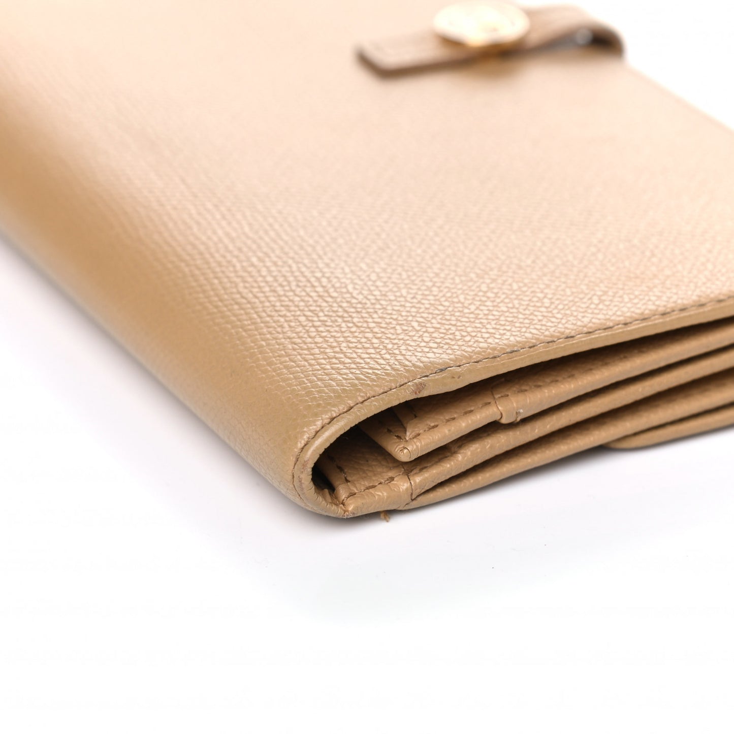 Grained Calfskin CC Button Long Wallet Beige