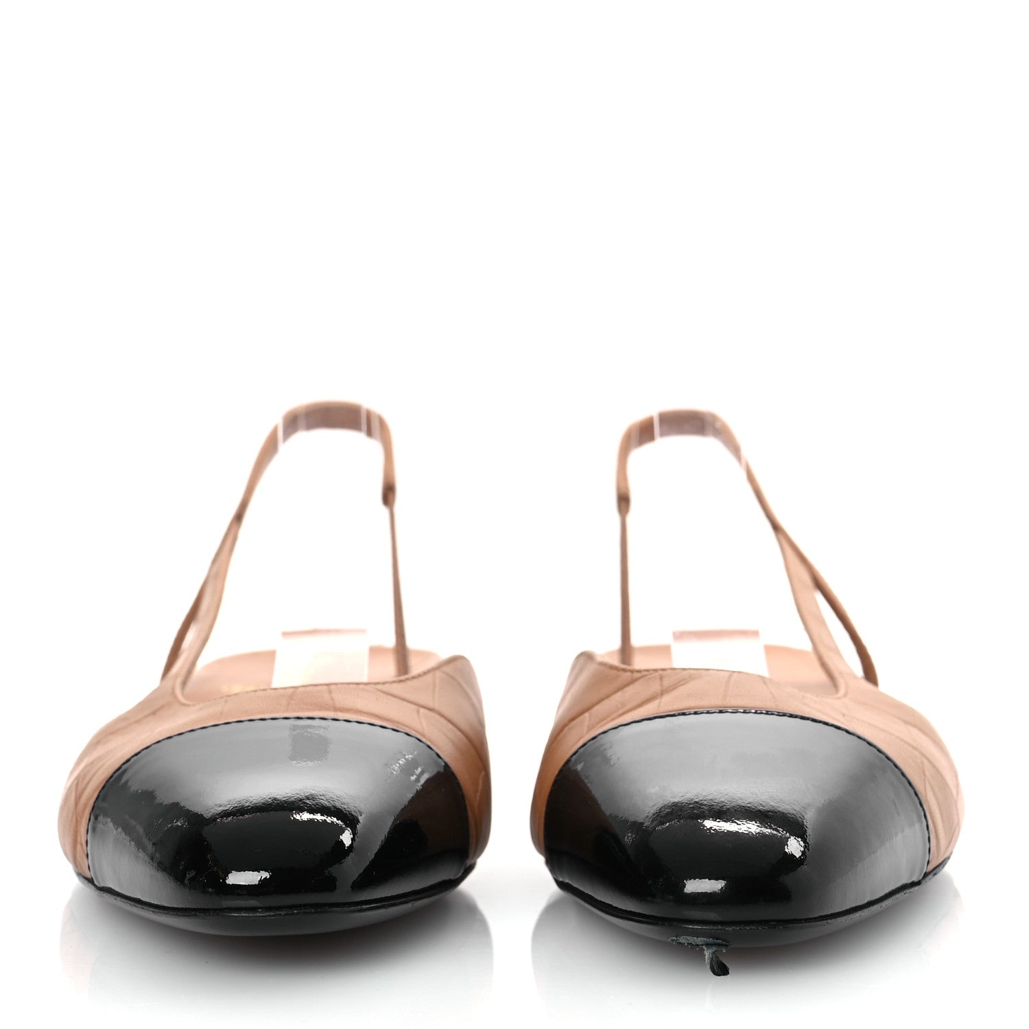 Chanel Calfskin Crocodile Embossed Patent Cap Toe CC Slingback Pumps 38.5 Brown Black 3 of 12