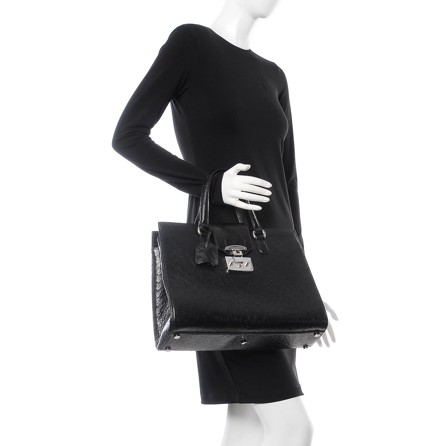 Ostrich Large Lady Lock Flap Top Handle Bag Black