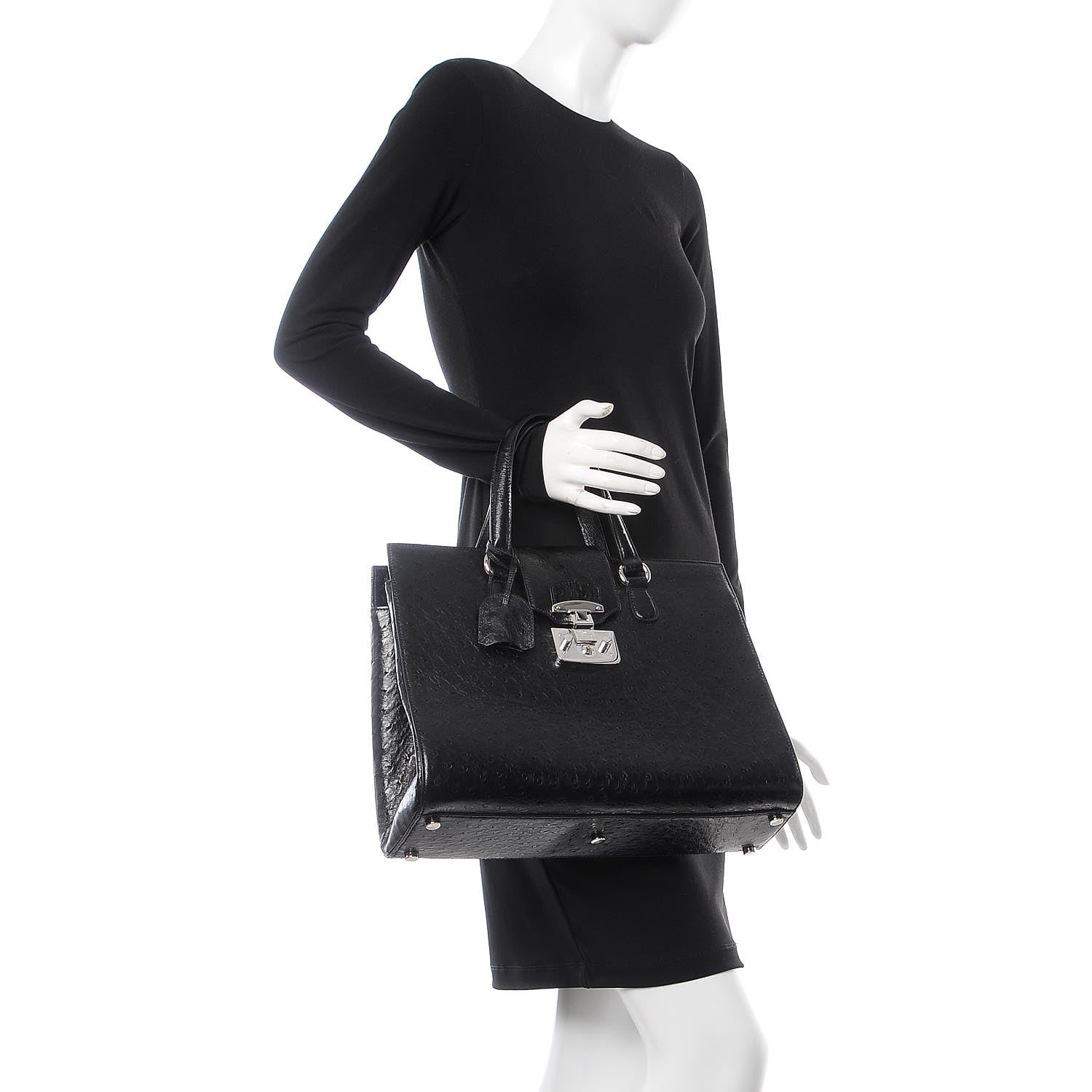Gucci Ostrich Large Lady Lock Flap Top Handle Bag Black 2 of 7