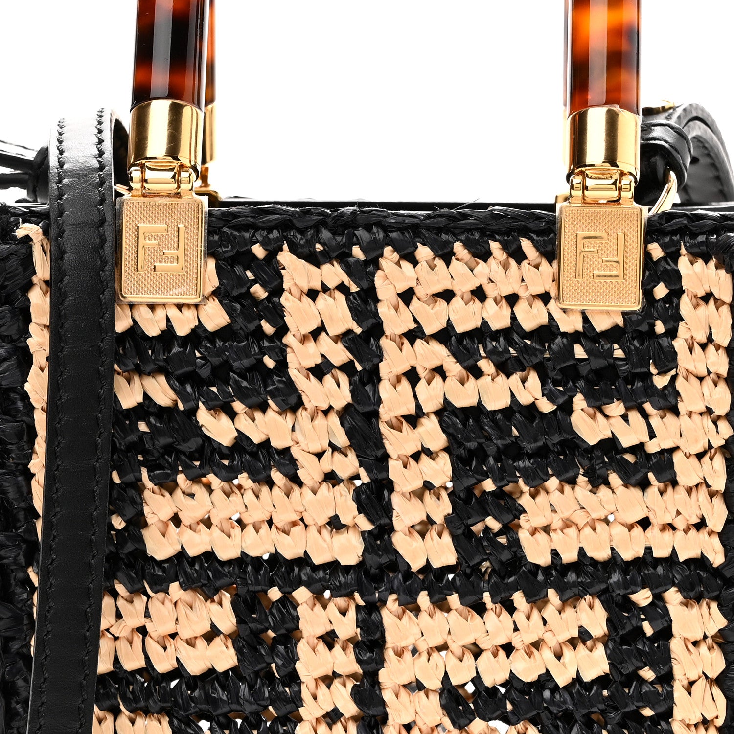 Fendi Raffia Plexiglass Crochet Mini Sunshine Shopper Tote Black