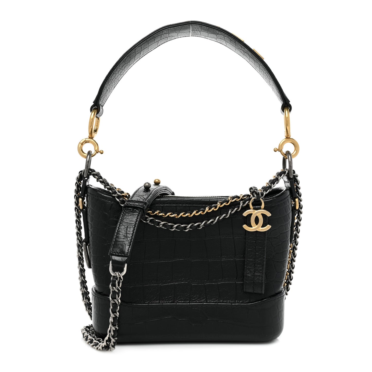 Calfskin Crocodile Embossed Small Gabrielle Cocodile Hobo Black