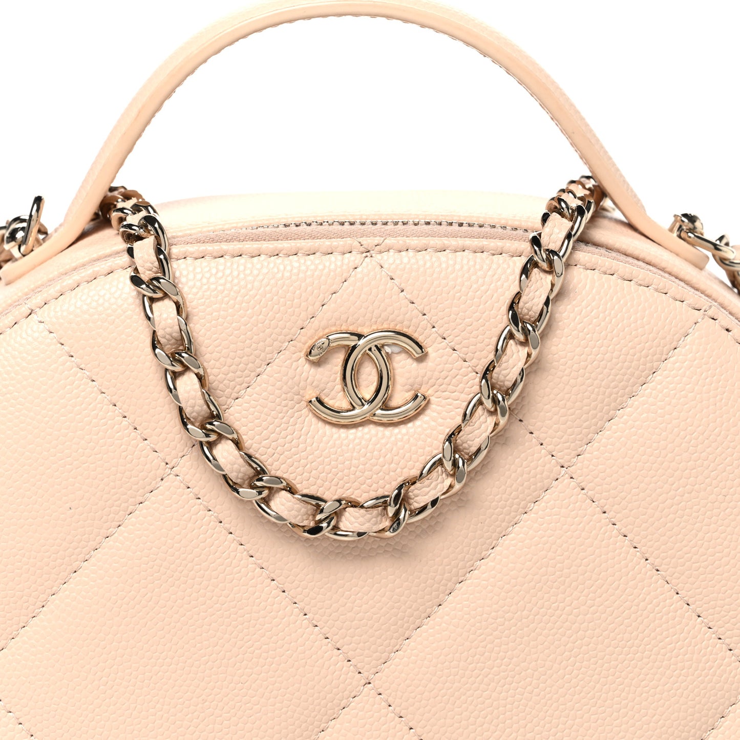 Grained Calfskin Quilted Top Handle Chain Clutch Beige