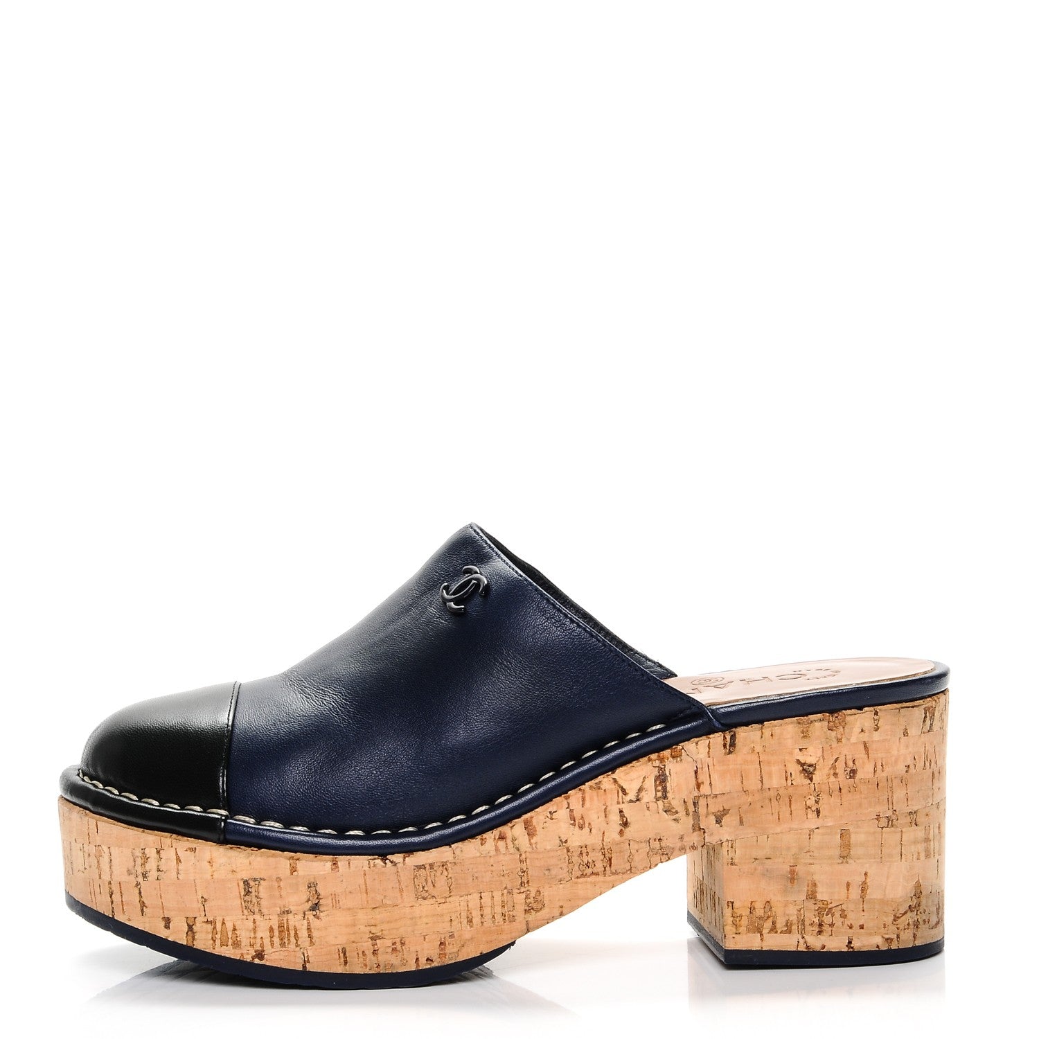 Chanel Glazed Calfskin Cork Cap Toe Platform Mules 37.5 Navy Black 1 of 7