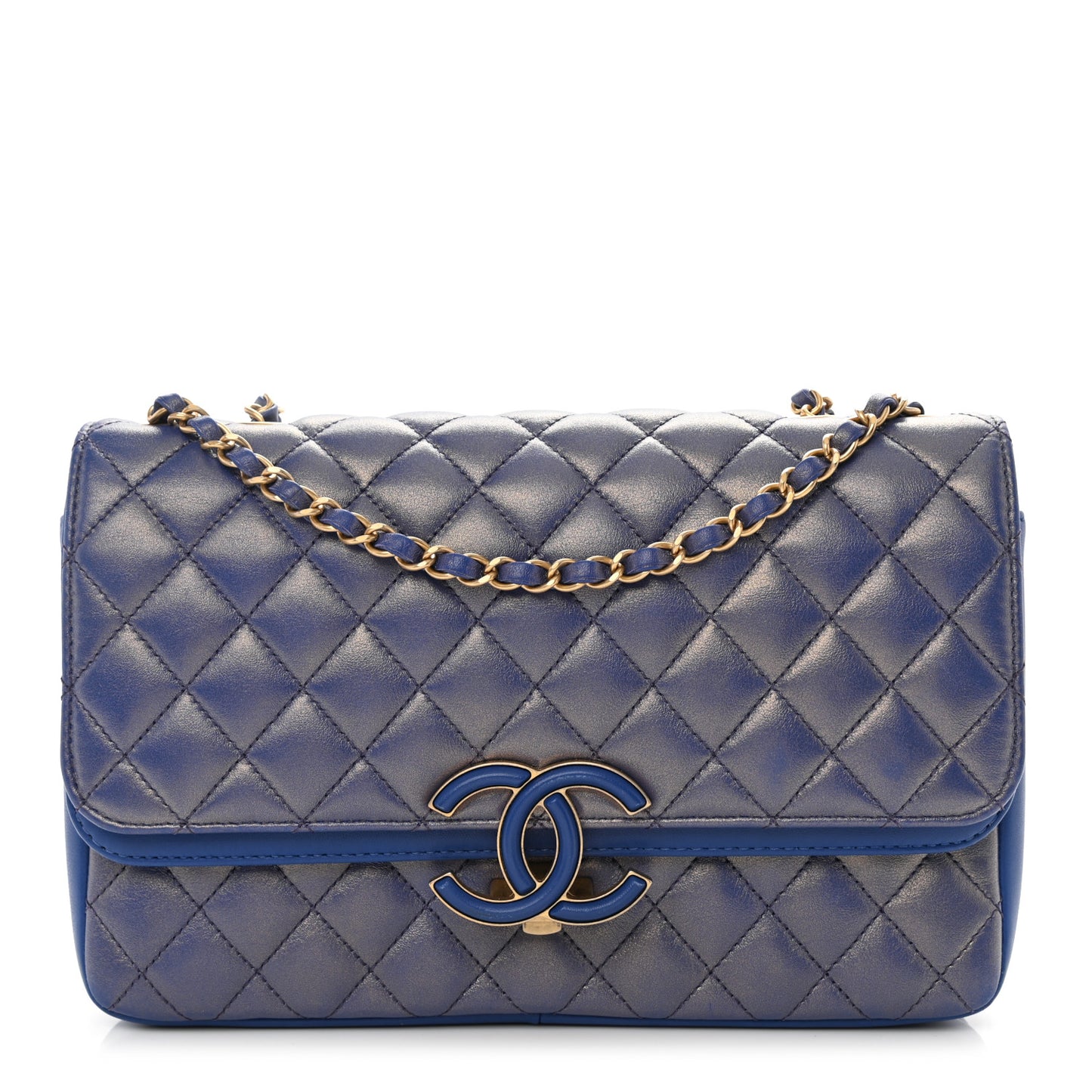 Metallic Calfskin Quilted Large CC Chic Flap Blue