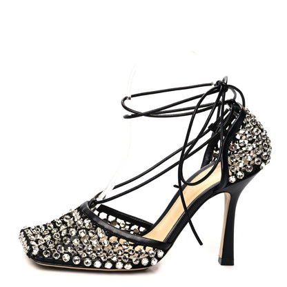 Bottega Veneta Mesh Nappa Crystal Embellished Sparkle Stretch Ankle Tie Sandals 38 Black 1 of 9