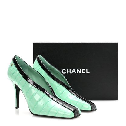 Chanel Crocodile Embossed Patent Calfskin Pumps 41 Green Black 9 of 9