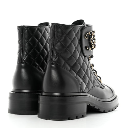 Chanel Shiny Calfskin Quilted Lace Up Combat Boots 36.5 Black 4 of 9