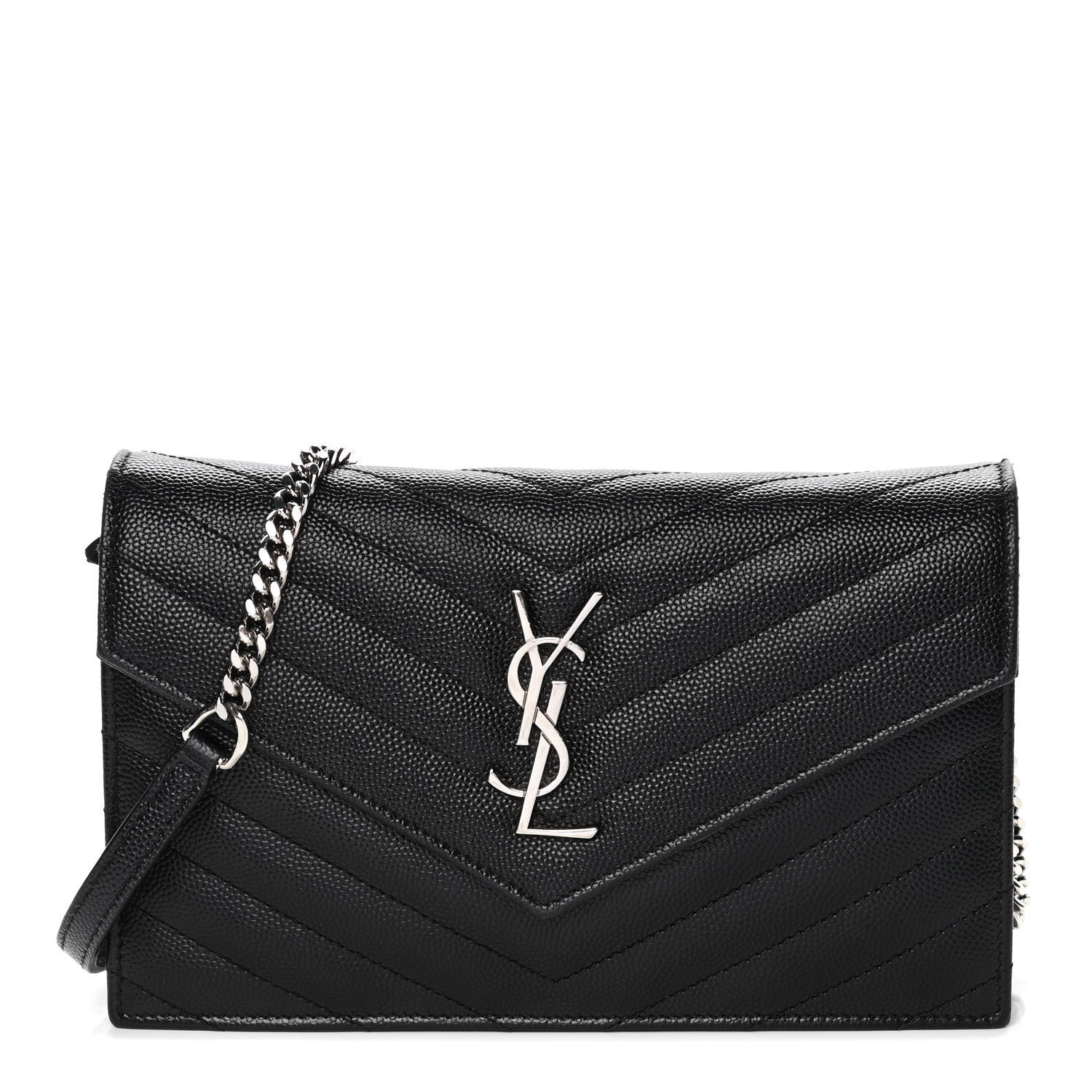 Saint Laurent Grain De Poudre Matelasse Chevron Monogram Envelope Chain Wallet Black 1 of 12