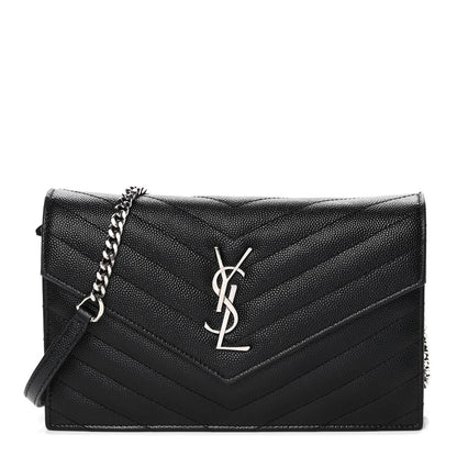Saint Laurent Grain De Poudre Matelasse Chevron Monogram Envelope Chain Wallet Black 1 of 12
