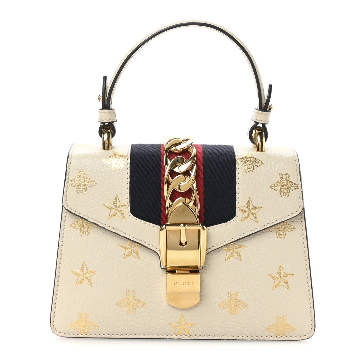 Gucci Textured Calfskin Bee Star Print Mini Sylvie Top Handle Bag Mystic White 1 of 11